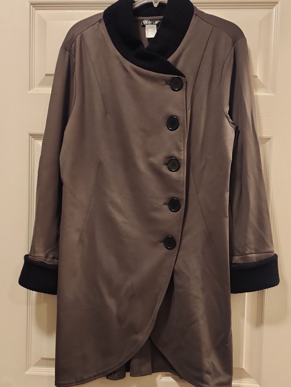 VENUS Olive Taupe Asymmetric Button Coat with Black Sweater Trim